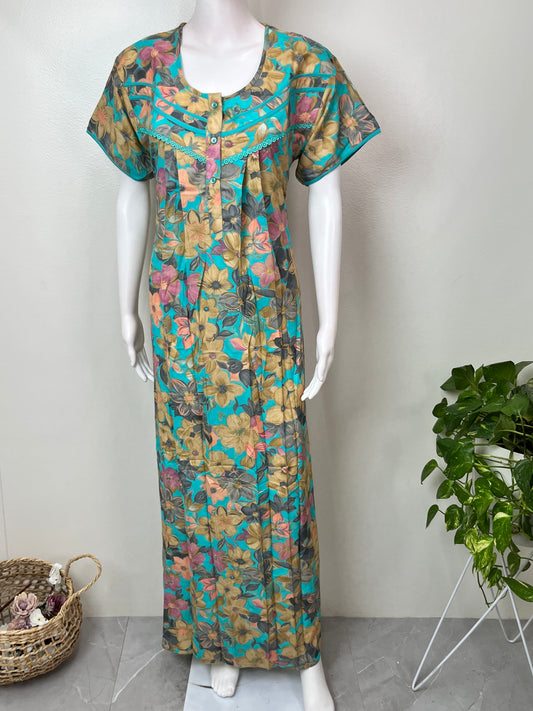 Teal Pleated Style Alpine Fabric Nightgown