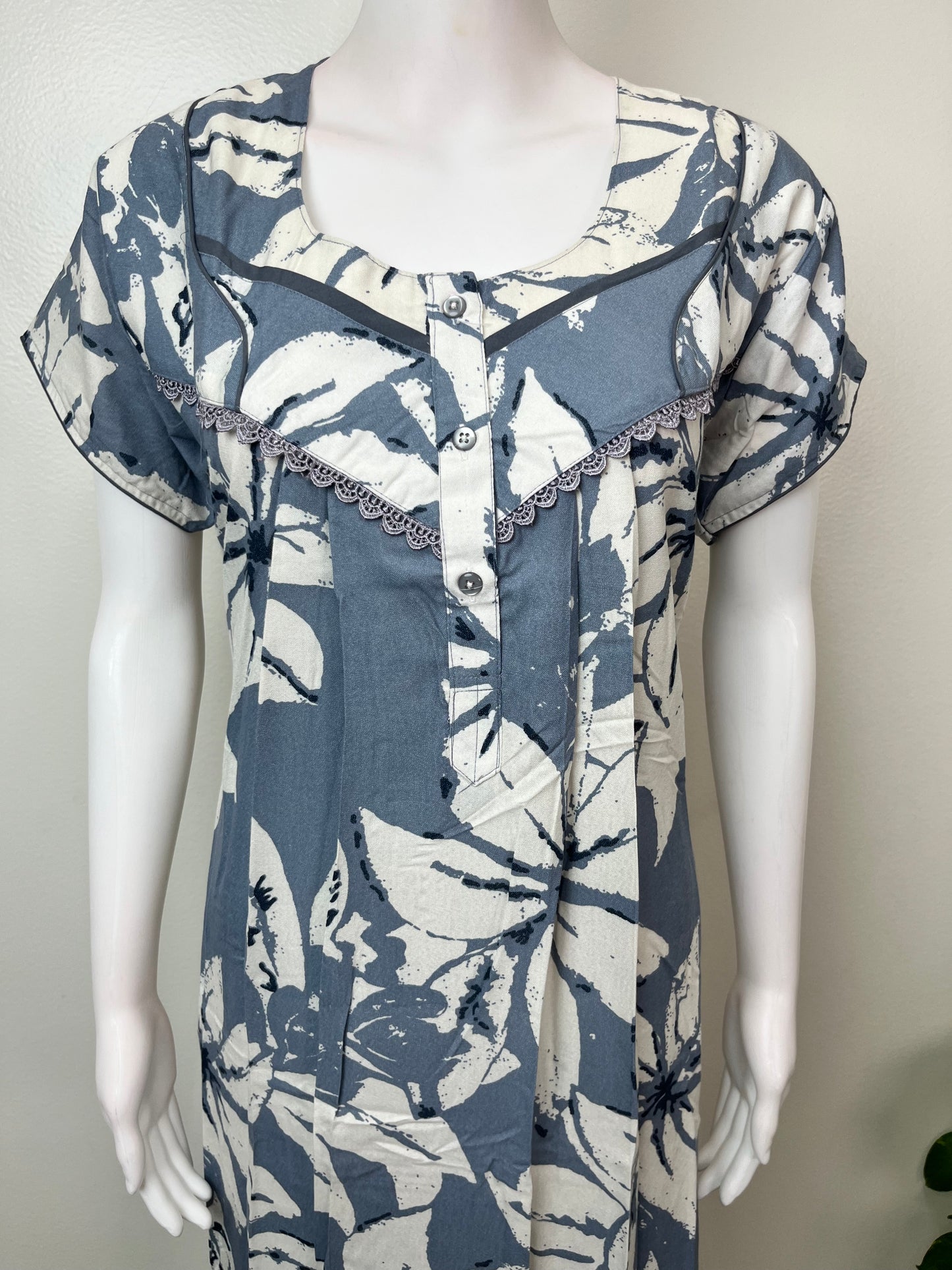 Blue Pleated Style Alpine Fabric Nighty for Women