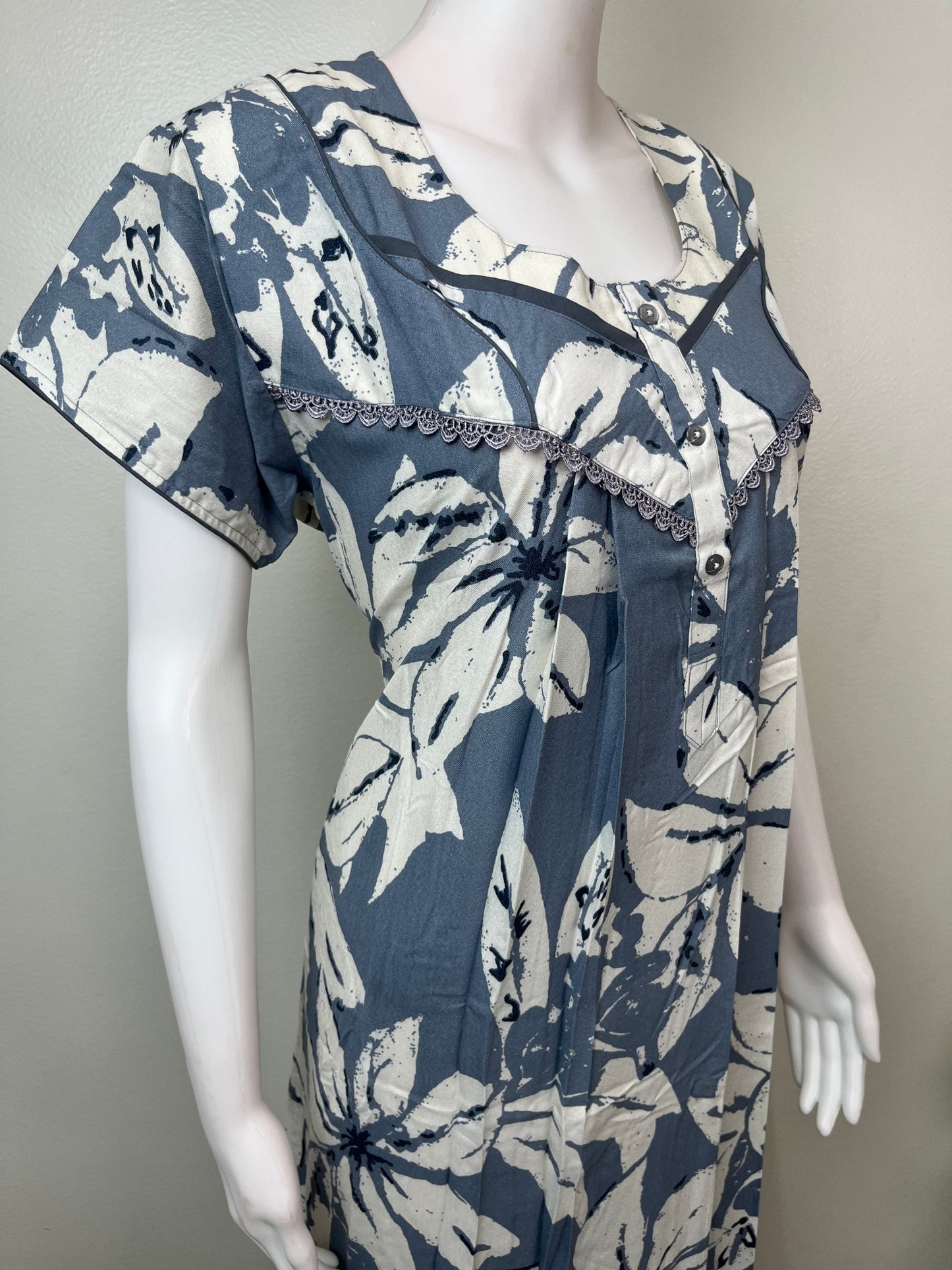 Blue Pleated Style Alpine Fabric Nighty for Women
