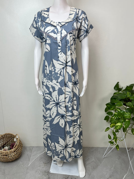 Blue Pleated Style Alpine Fabric Nighty for Women