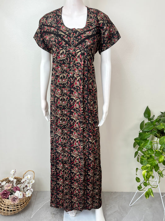 Black Kalamkari Printed Alpine Fabric Nighty