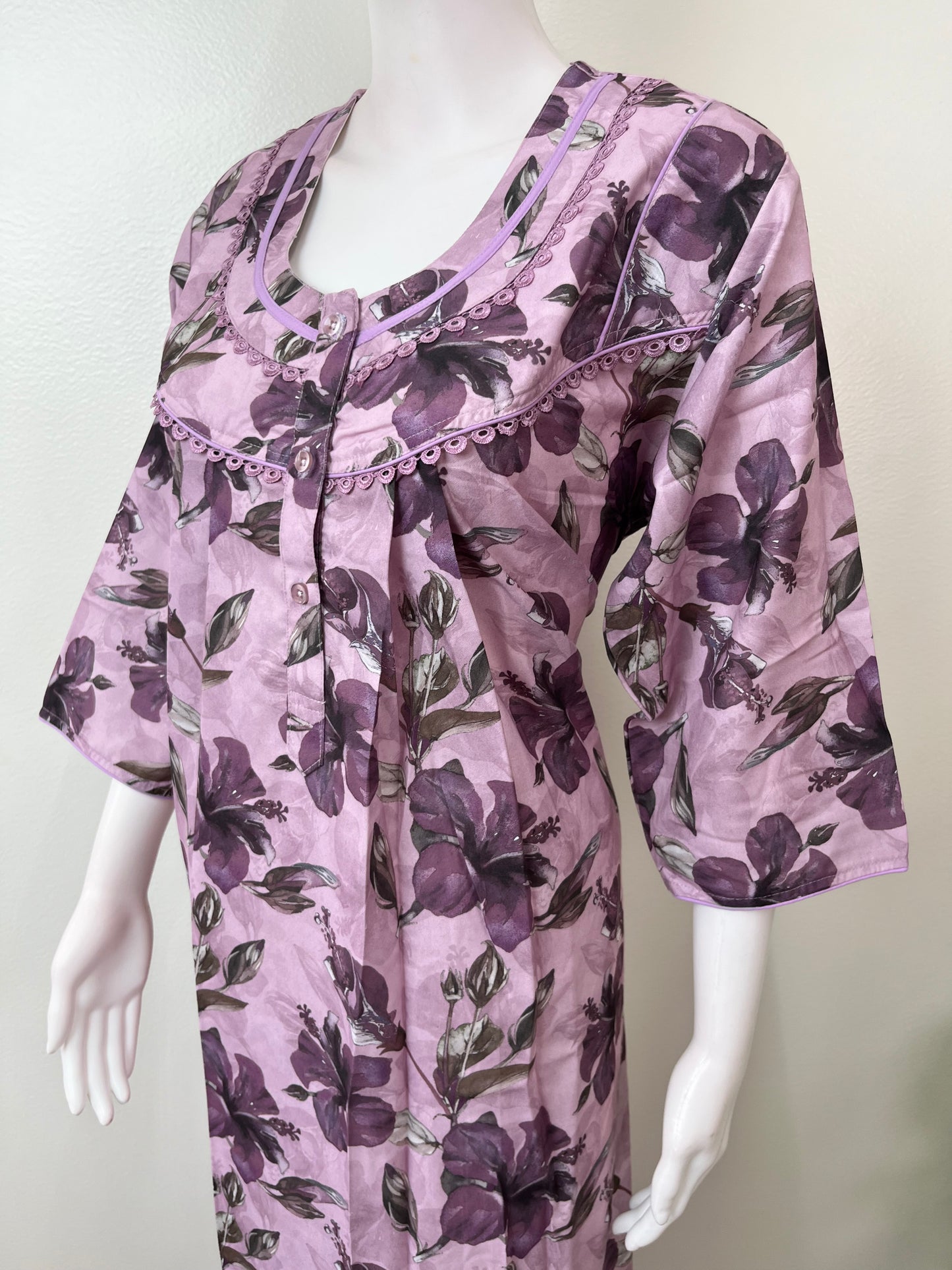 Pink 3/4th Sleeves Alpine Fabric Nightgown