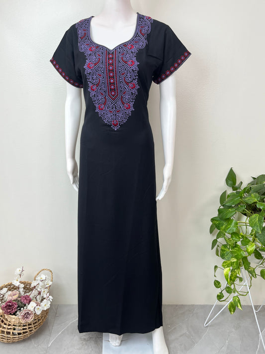 Black Graceful Alpine Fabric Nighty with Embroidery