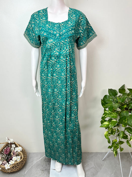 Green Pleated Pure Cotton Nightgown