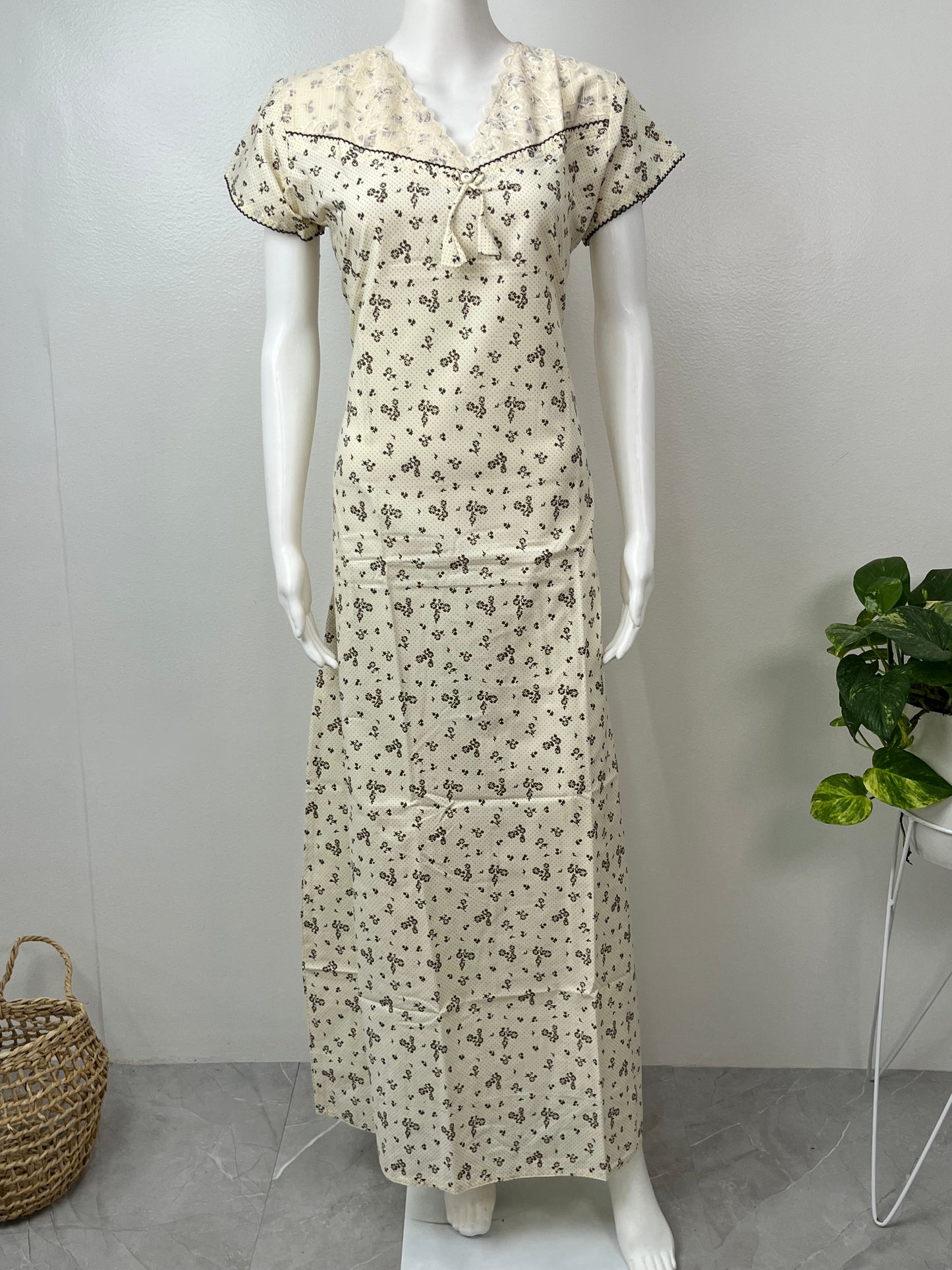 Cream Laced 100% Pure Cotton Nighty for Women