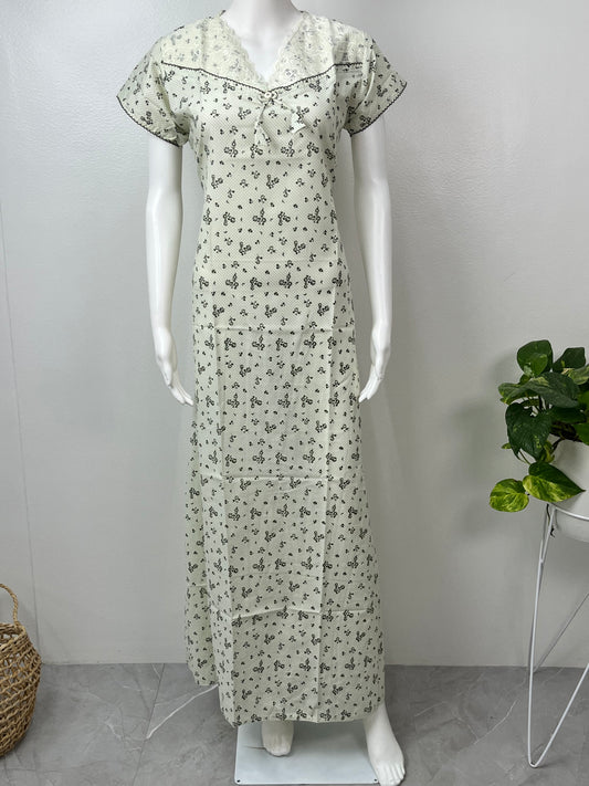 Cream Polyester Cotton Laced Nightgown Soft & Breathable