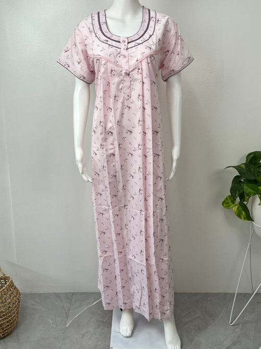 Baby Pink Polyester Cotton Pleated Nightgown For Women