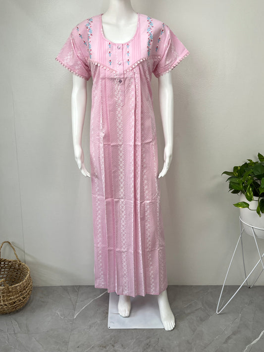 Baby Pink Polyester Cotton Nightgown with Classic Embroidery