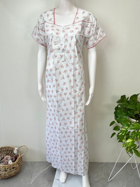 Red Floral Printed Polyester Cotton Nightgown