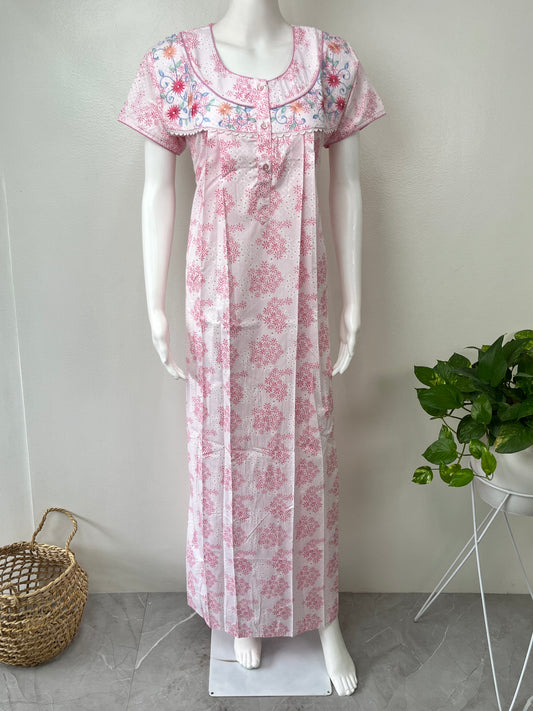 Baby Pink Boutique Cotton Nighty with Elegant Embroidery