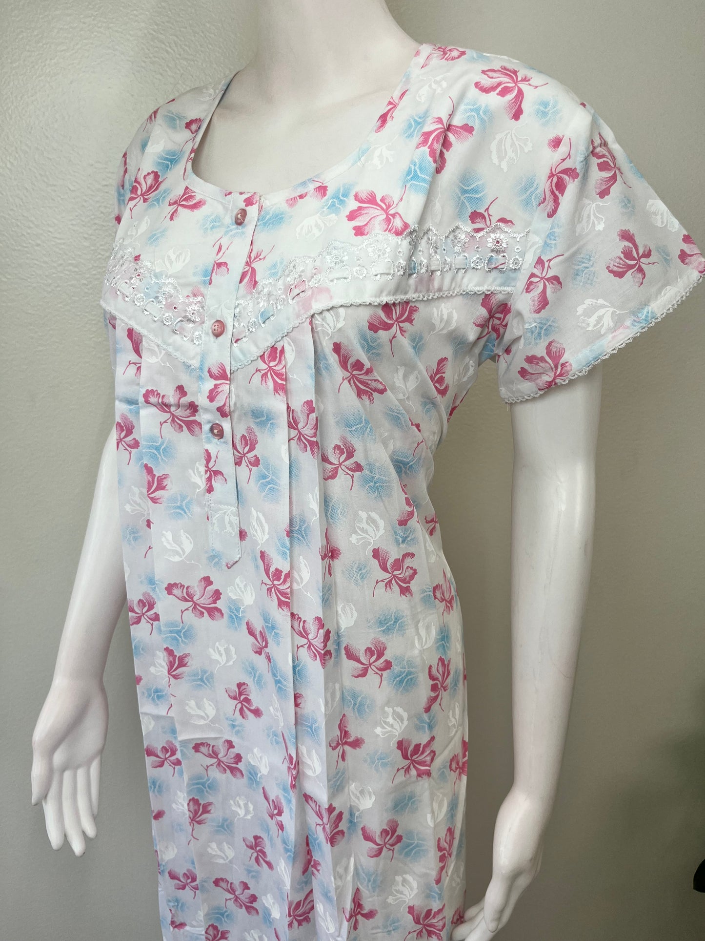 Pink Floral Polyester Cotton Elegant Nighty