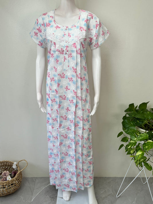 Pink Floral Polyester Cotton Elegant Nighty