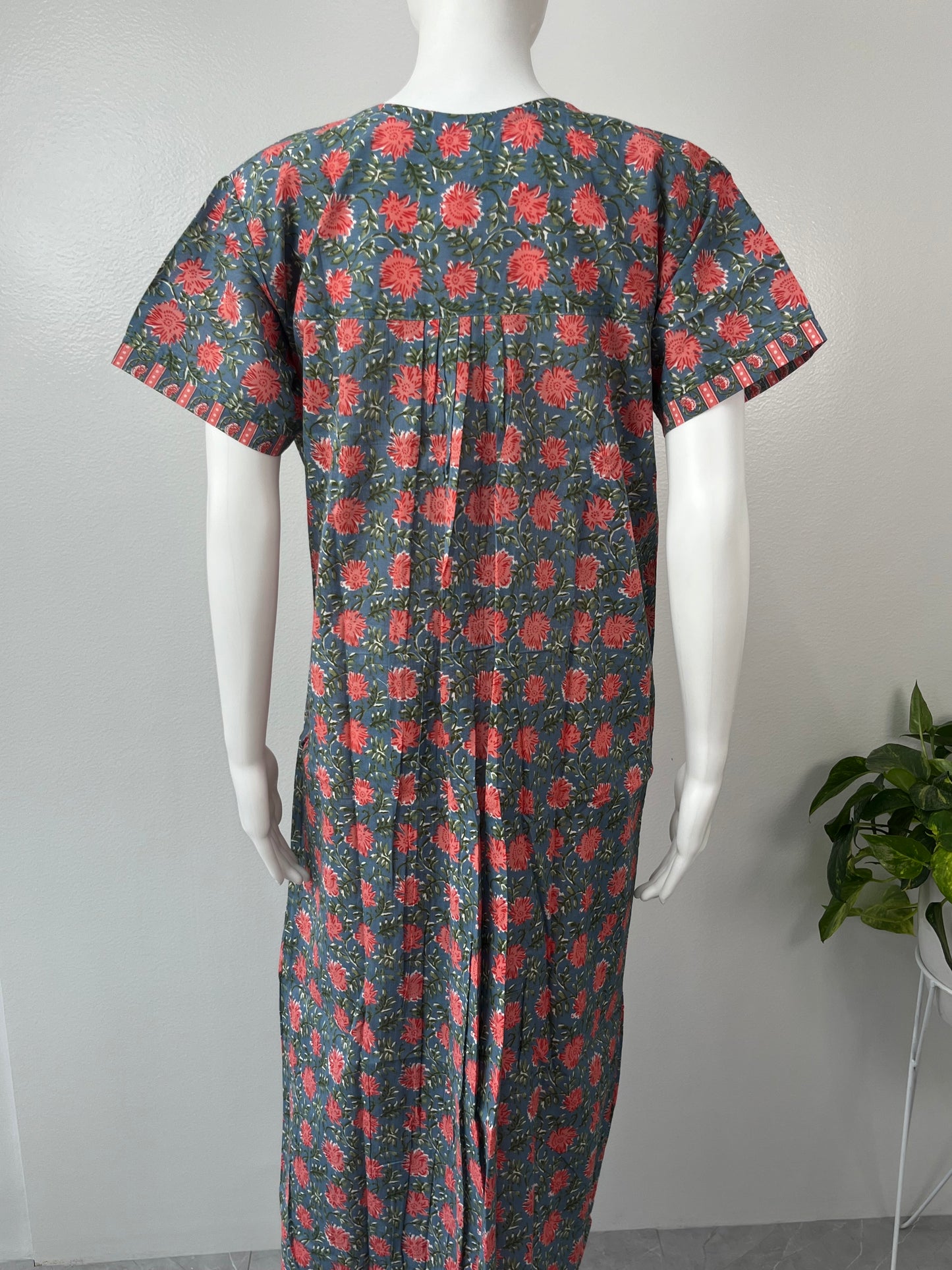 Grey Pure Cotton Nightgown with Contrast Red Print