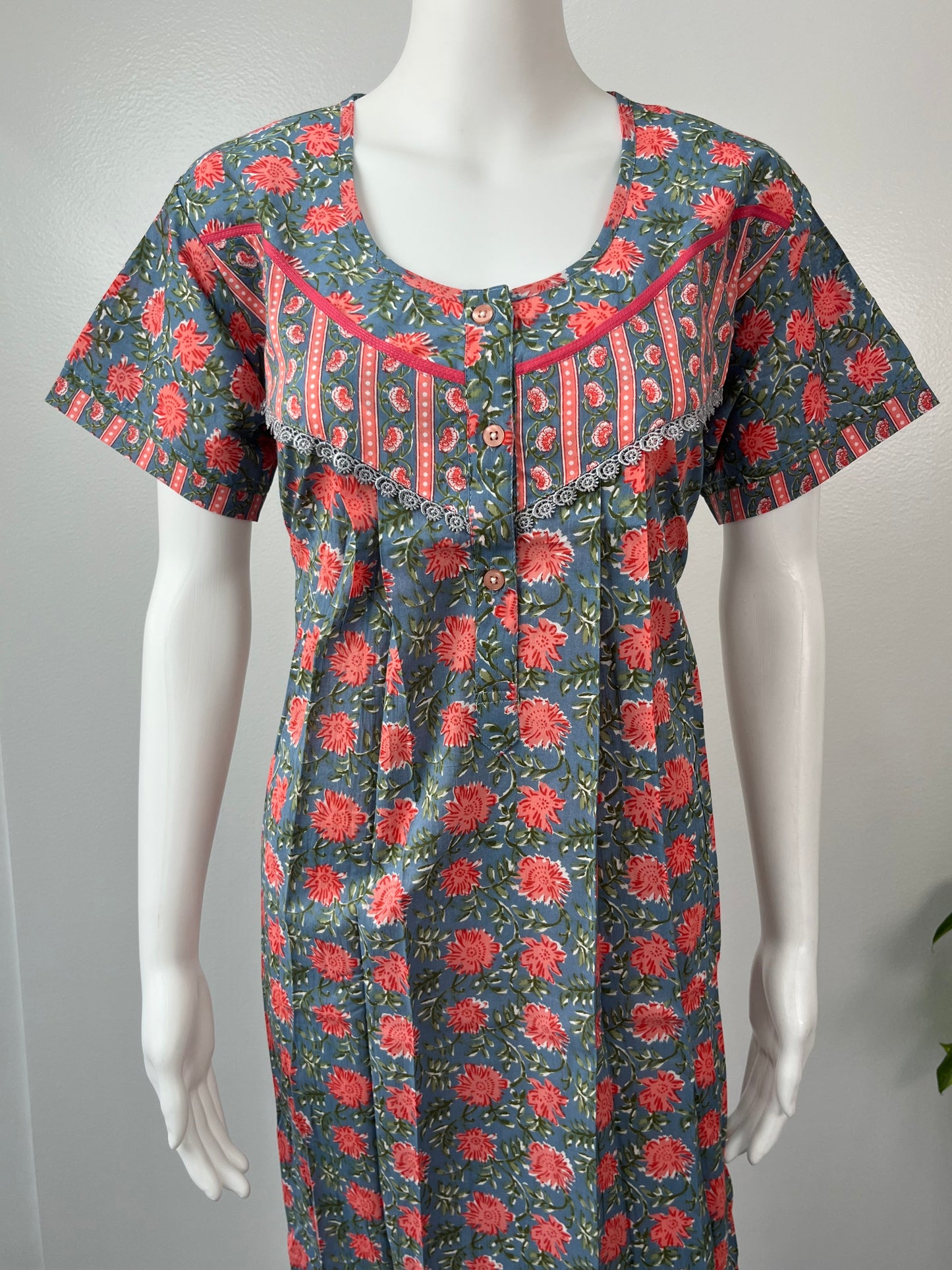 Grey Pure Cotton Nightgown with Contrast Red Print