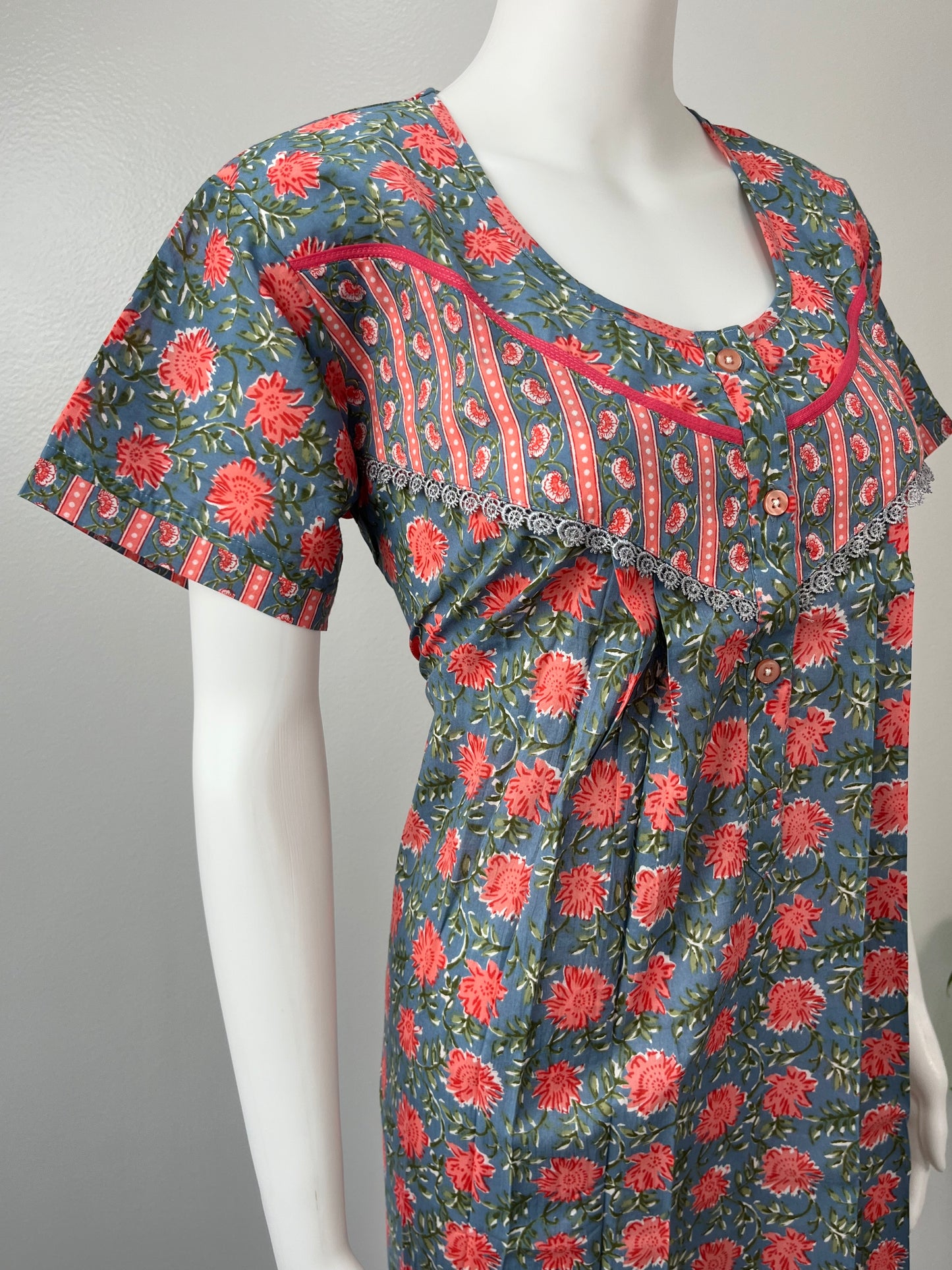 Grey Pure Cotton Nightgown with Contrast Red Print