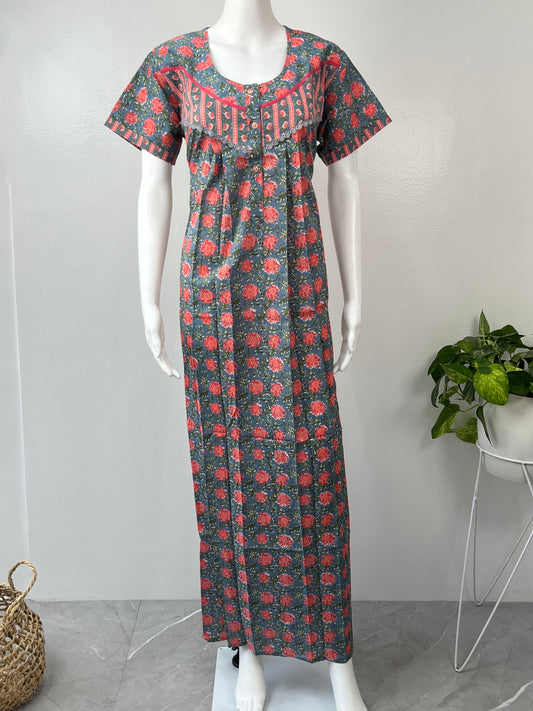 Grey Pure Cotton Nightgown with Contrast Red Print