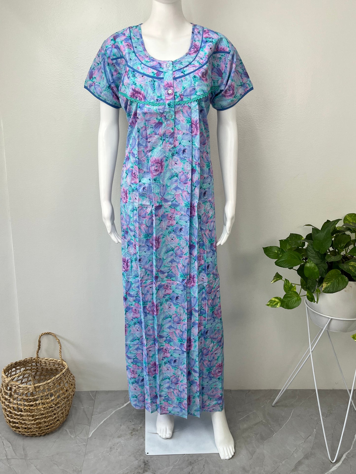 Sky Blue Pleated Cotton Nighty