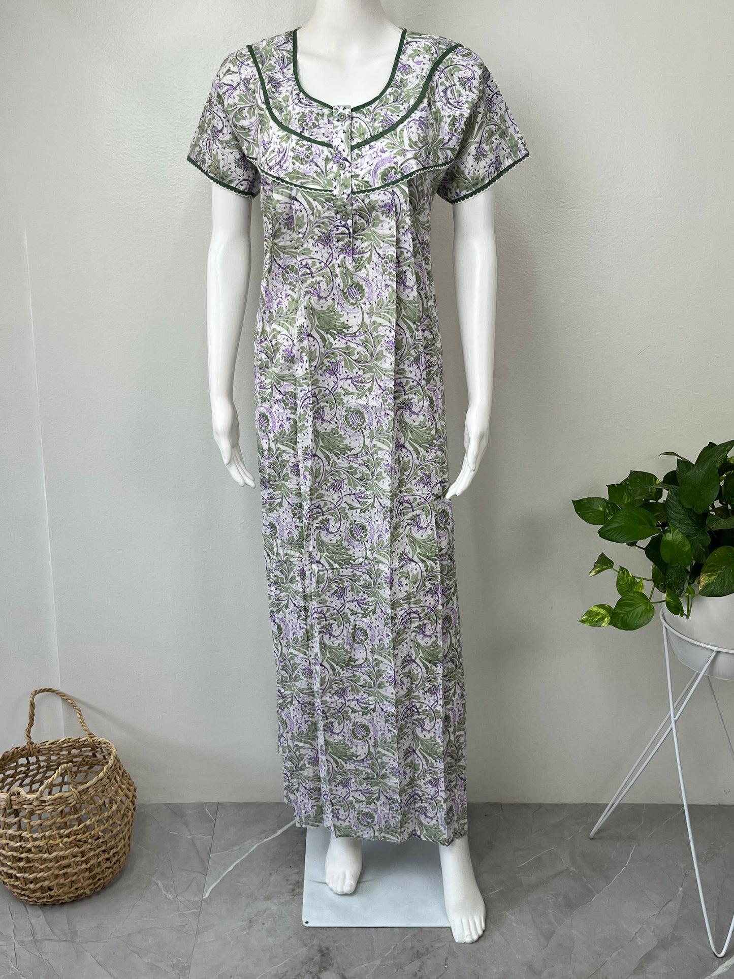 White & Purple Pure Cotton Nighty with Digital Print
