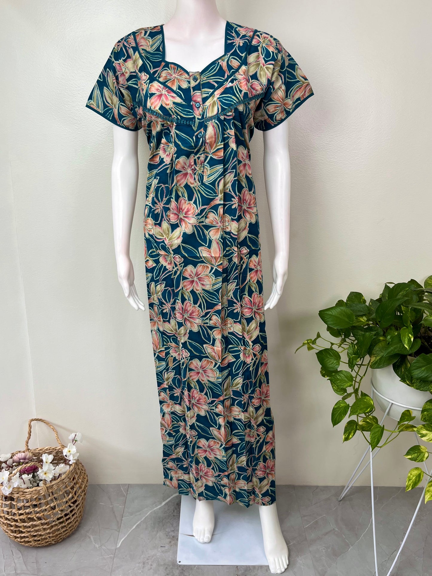 Teal Green Floral Cambric Cotton Nightgown