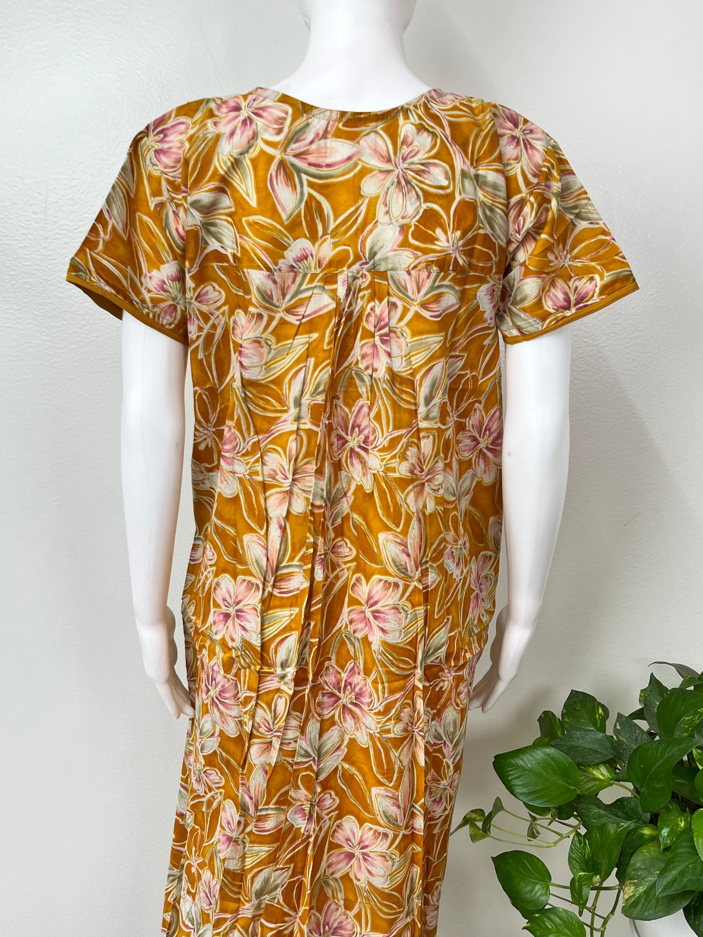 Mustard Pleated Cambric Cotton Women's Nightgown