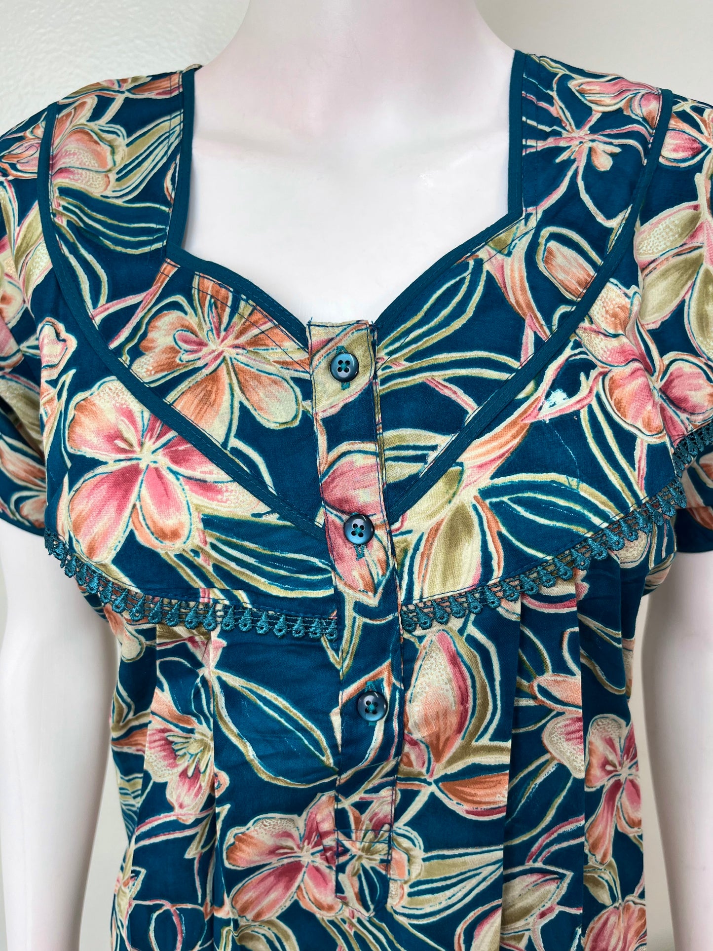 Teal Green Floral Cambric Cotton Nightgown