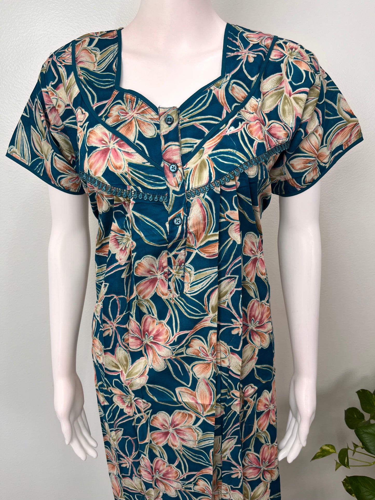 Teal Green Floral Cambric Cotton Nightgown