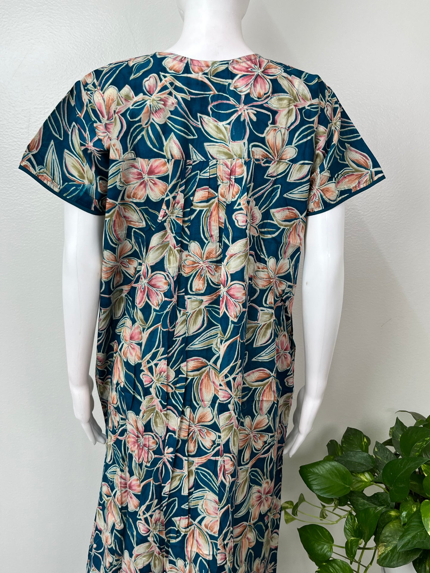 Teal Green Floral Cambric Cotton Nightgown