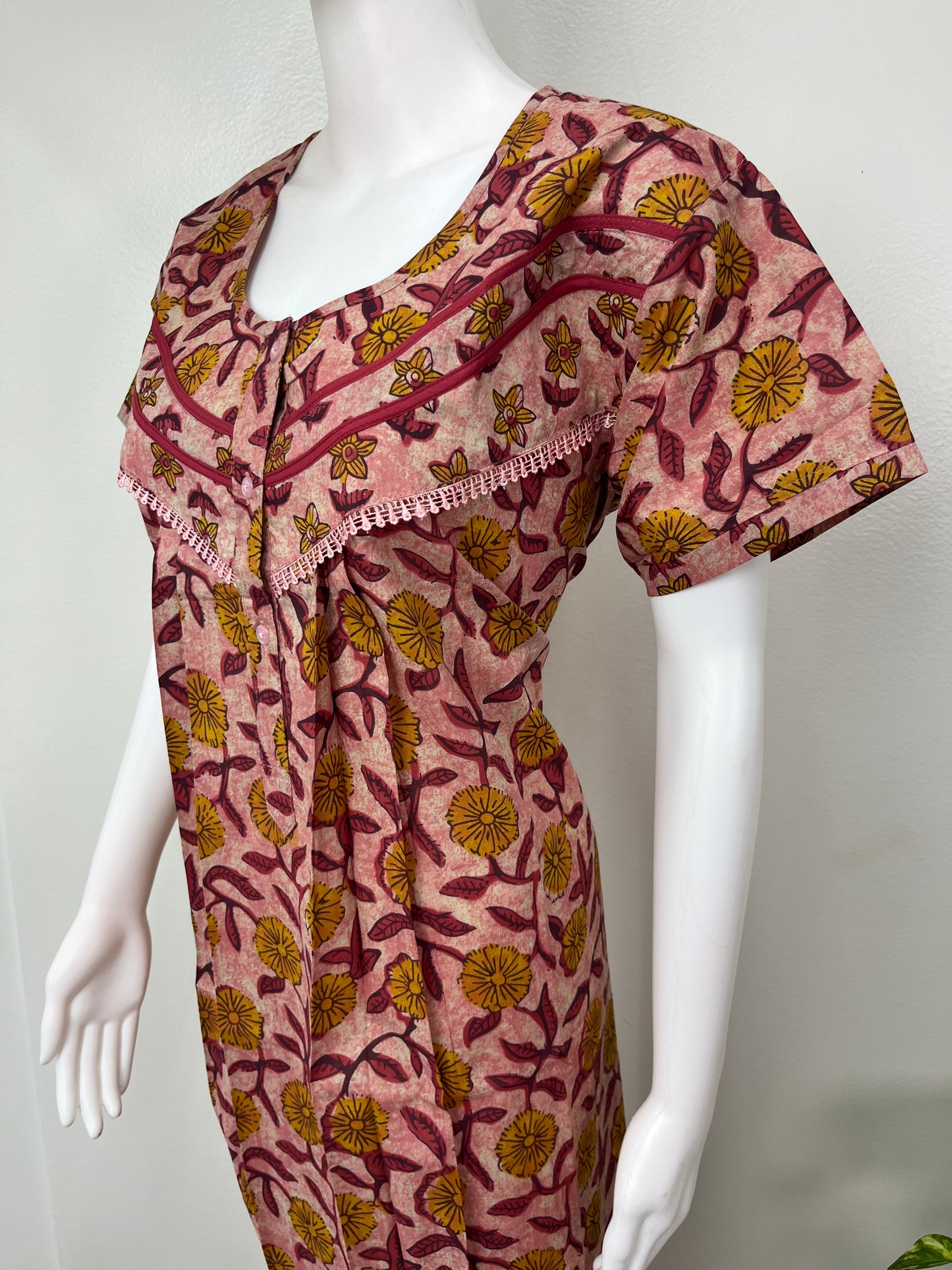 Maroon Pleated Cambric Cotton Nightgown