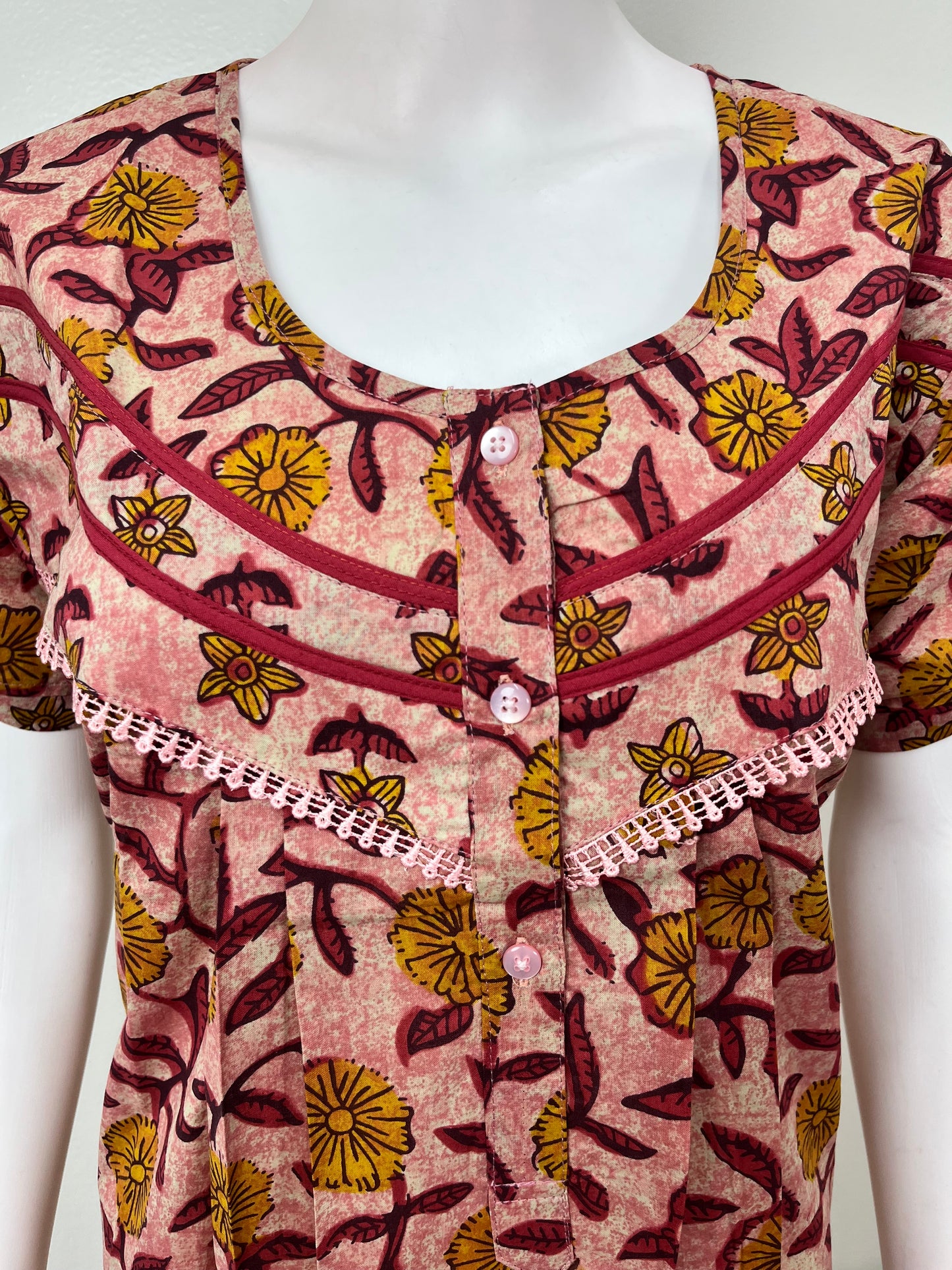 Maroon Pleated Cambric Cotton Nightgown