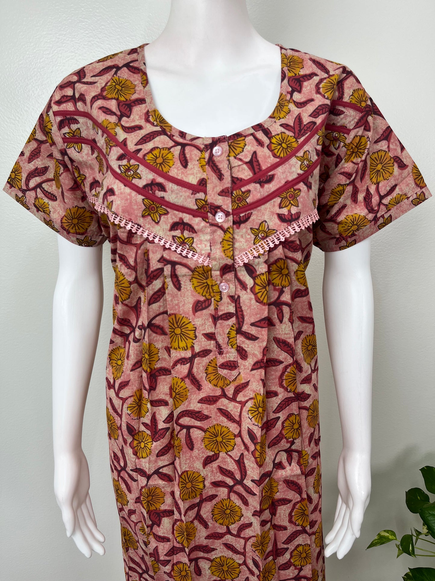 Maroon Pleated Cambric Cotton Nightgown