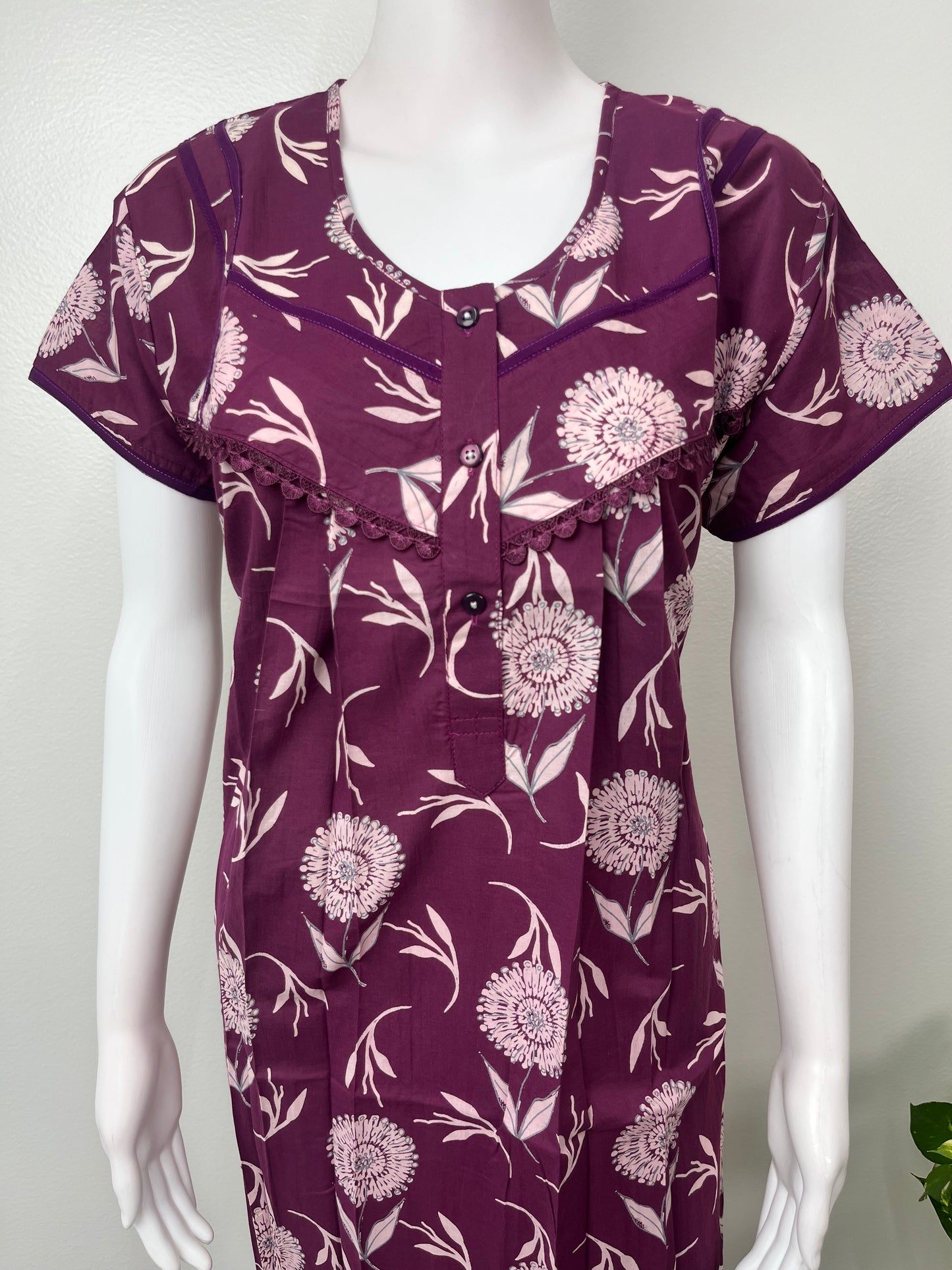 Purple Floral Printed Cambric Cotton Nightgown