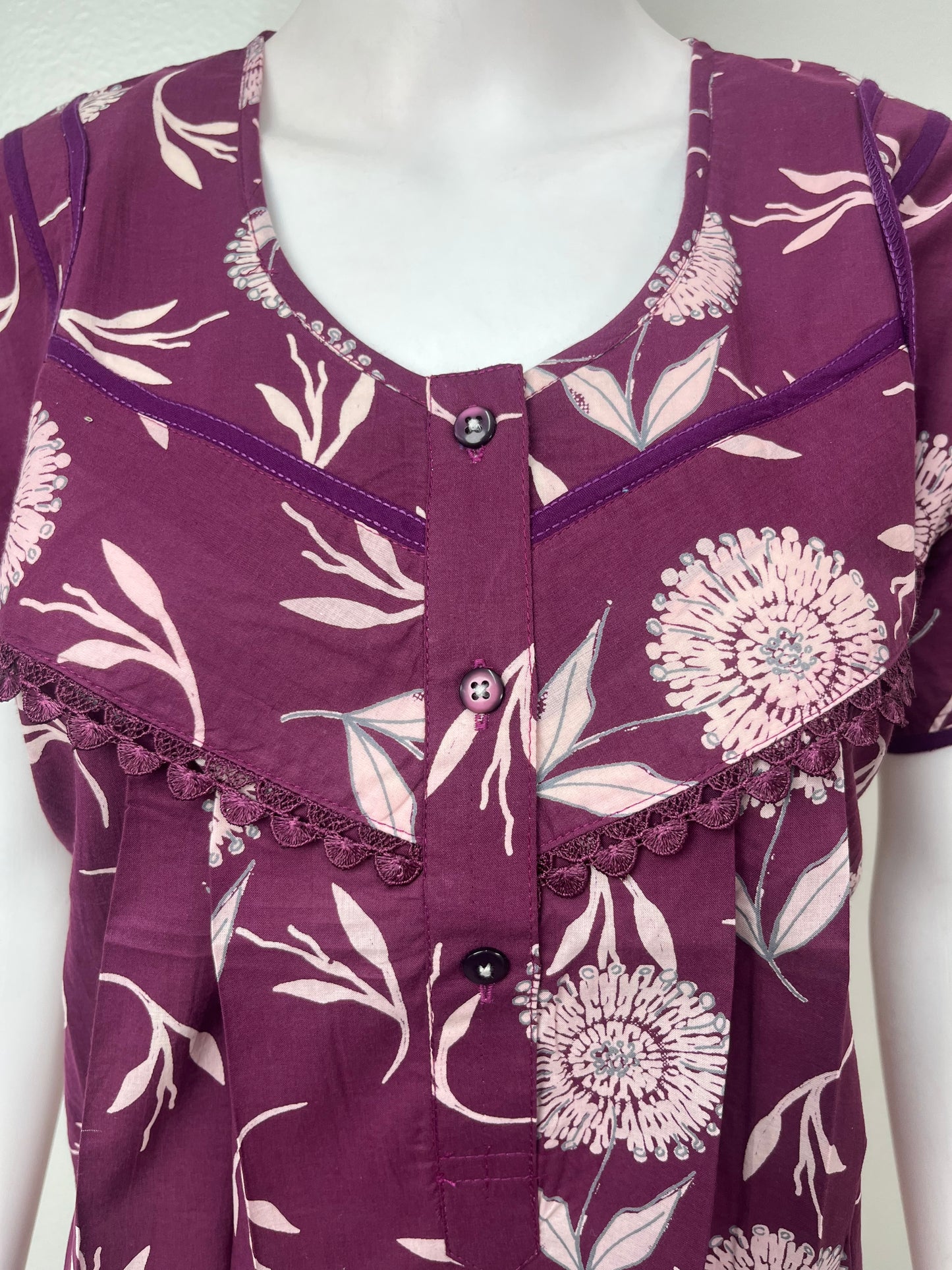 Purple Floral Printed Cambric Cotton Nightgown