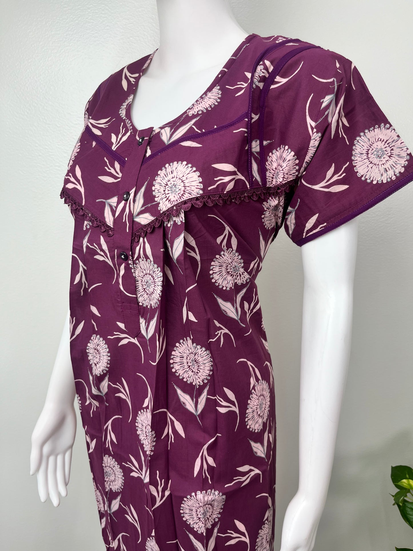 Purple Floral Printed Cambric Cotton Nightgown