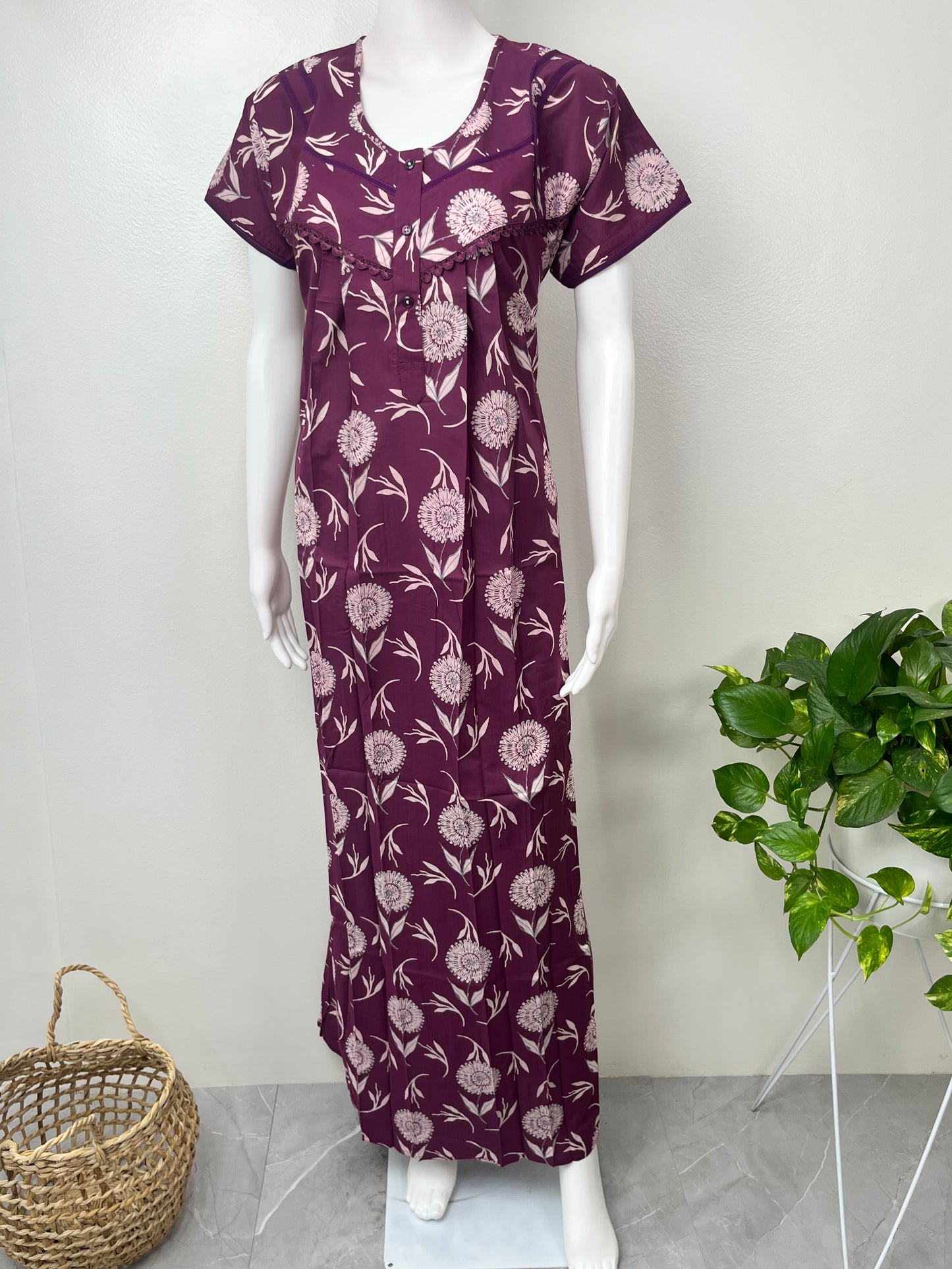 Purple Floral Printed Cambric Cotton Nightgown