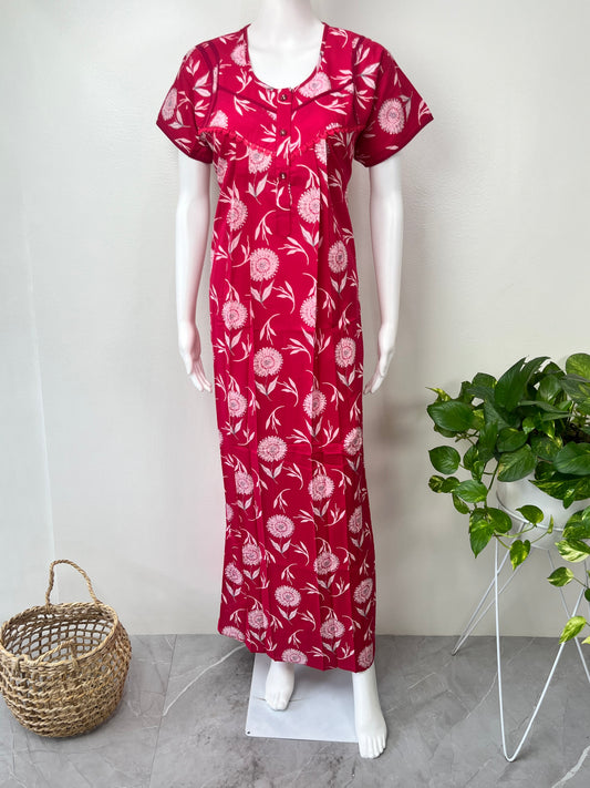 Red Floral Printed Cambric Cotton Nightgown