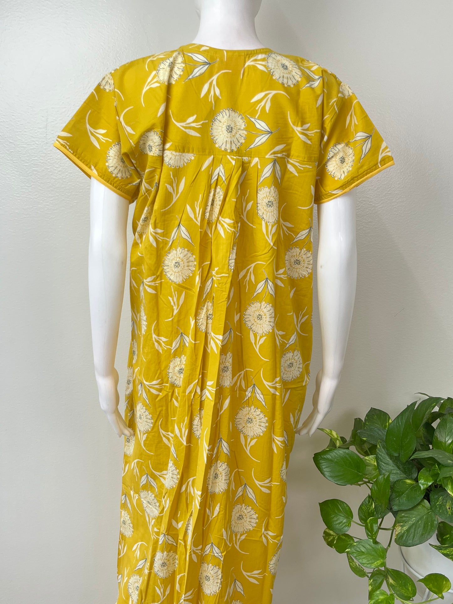 Yellow Pleated Cambric Cotton Nighty for Women