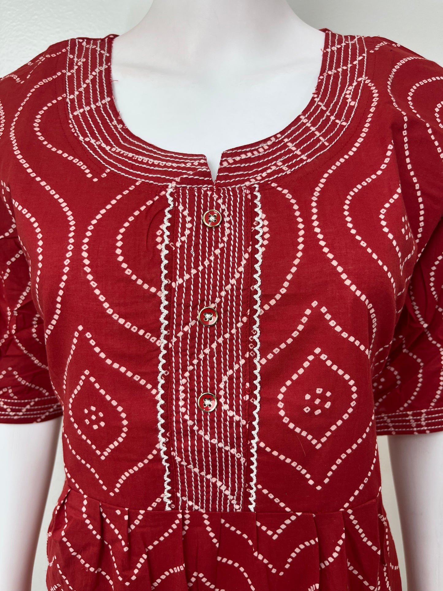 Red Cambric Cotton Bandhani Nightgown for Women