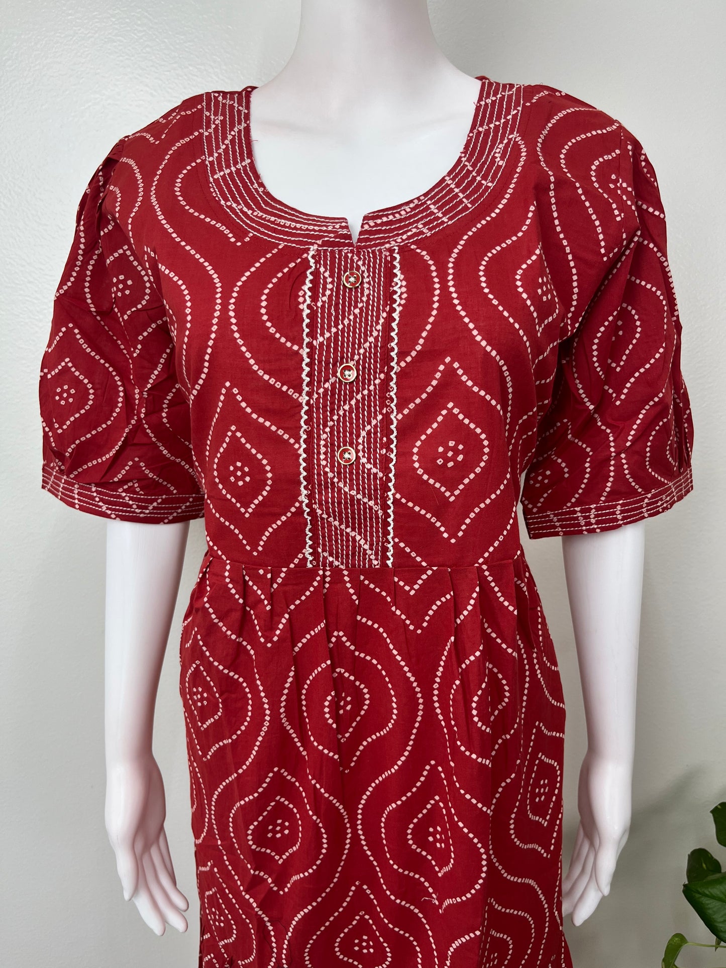 Red Cambric Cotton Bandhani Nightgown for Women