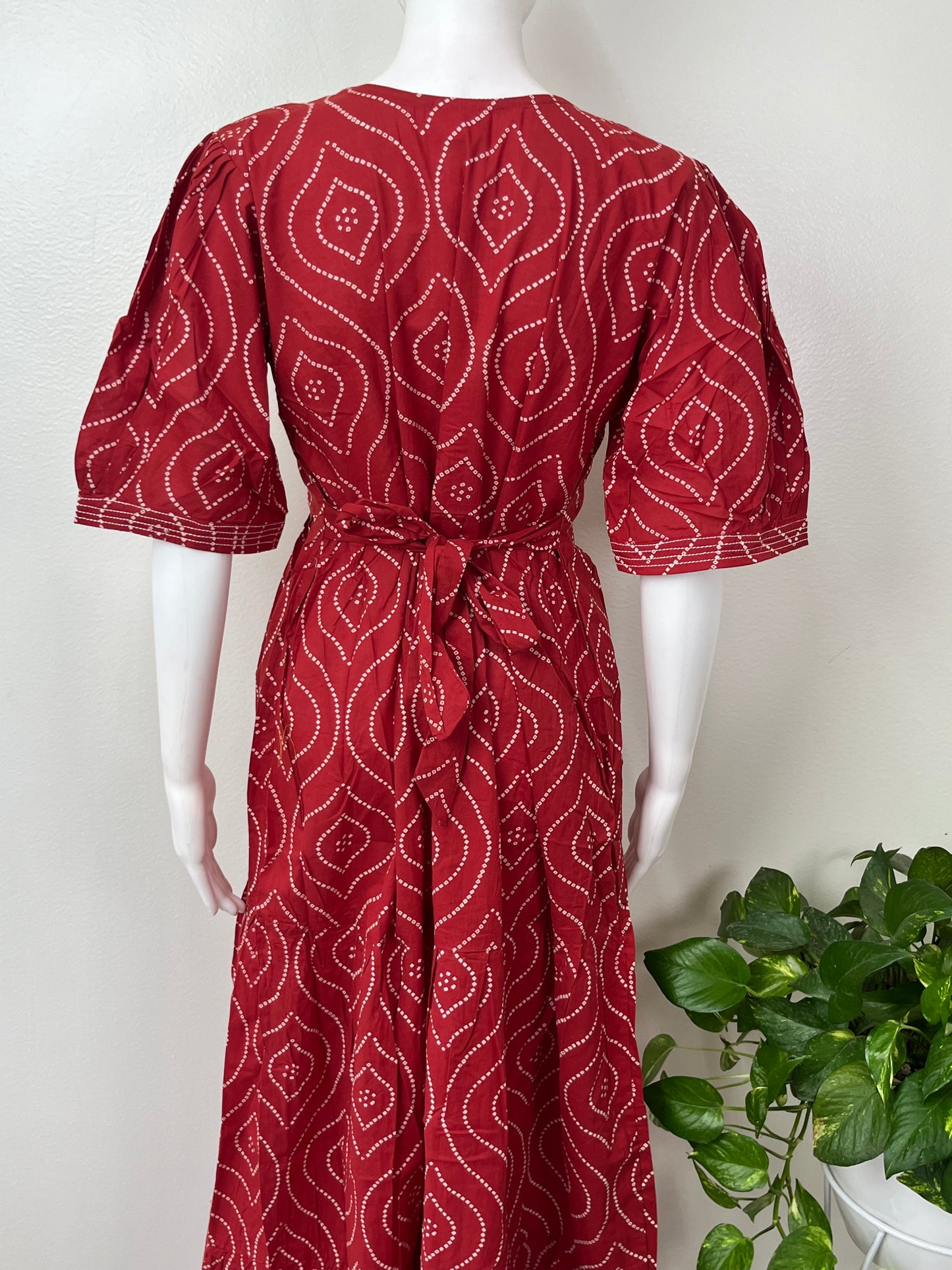 Red Cambric Cotton Bandhani Nightgown for Women