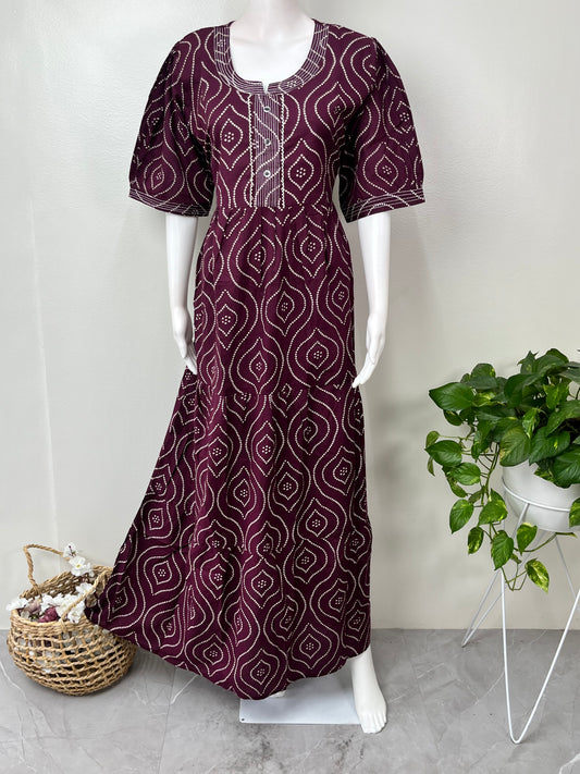 Wine Cambric Cotton Umbrella Style Nighty