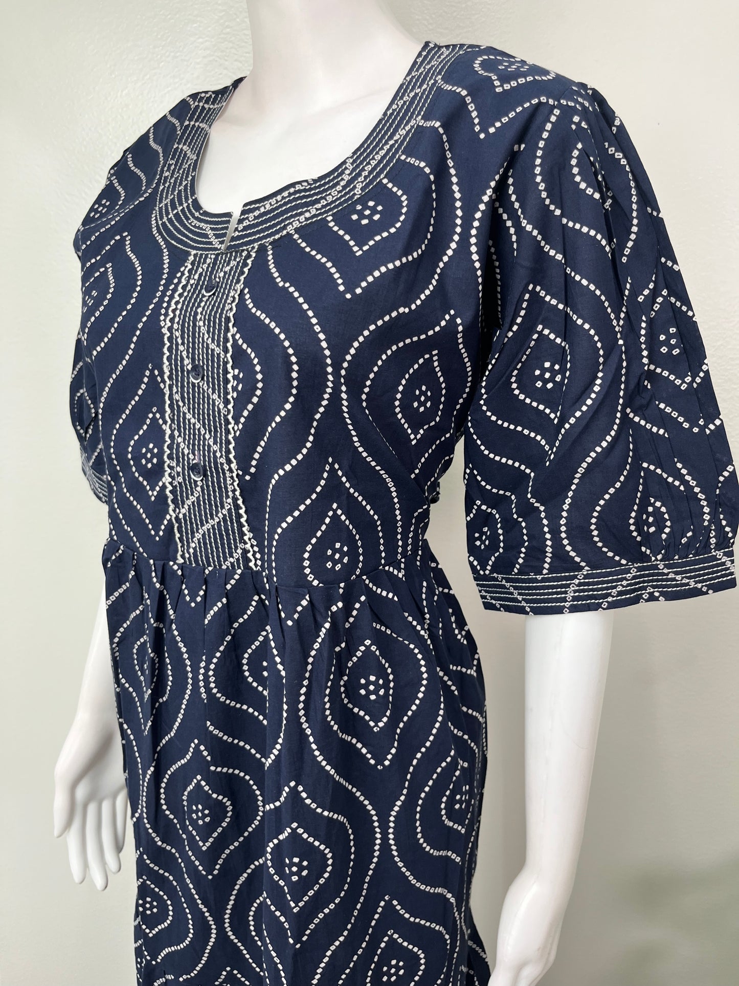 Navy Blue Bandhani Cambric Cotton Nighty