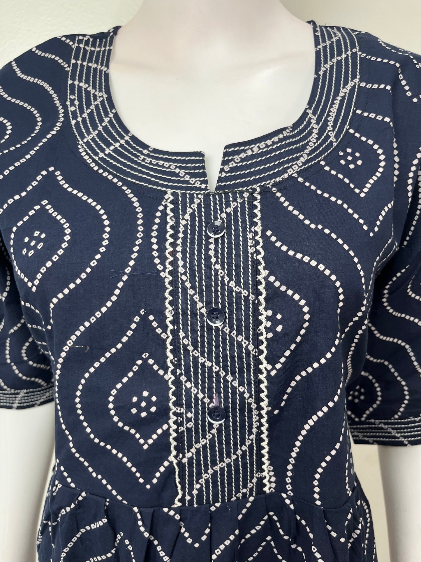 Navy Blue Bandhani Cambric Cotton Nighty