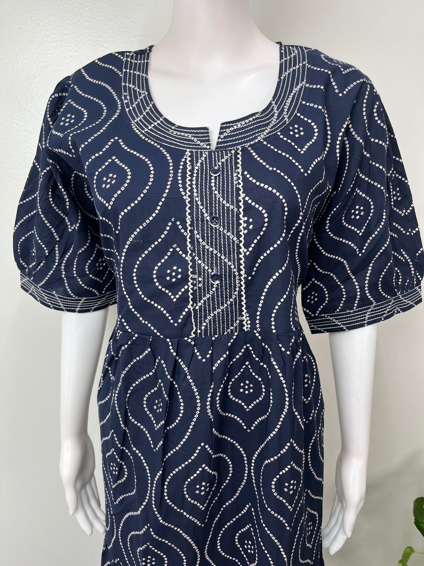 Navy Blue Bandhani Cambric Cotton Nighty