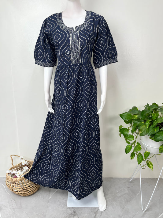 Navy Blue Bandhani Cambric Cotton Nighty