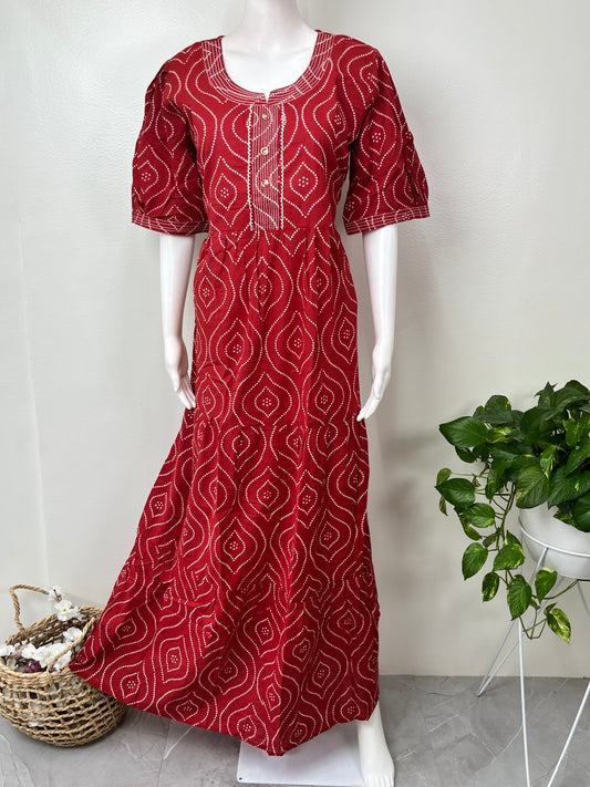 Red Cambric Cotton Bandhani Nightgown for Women