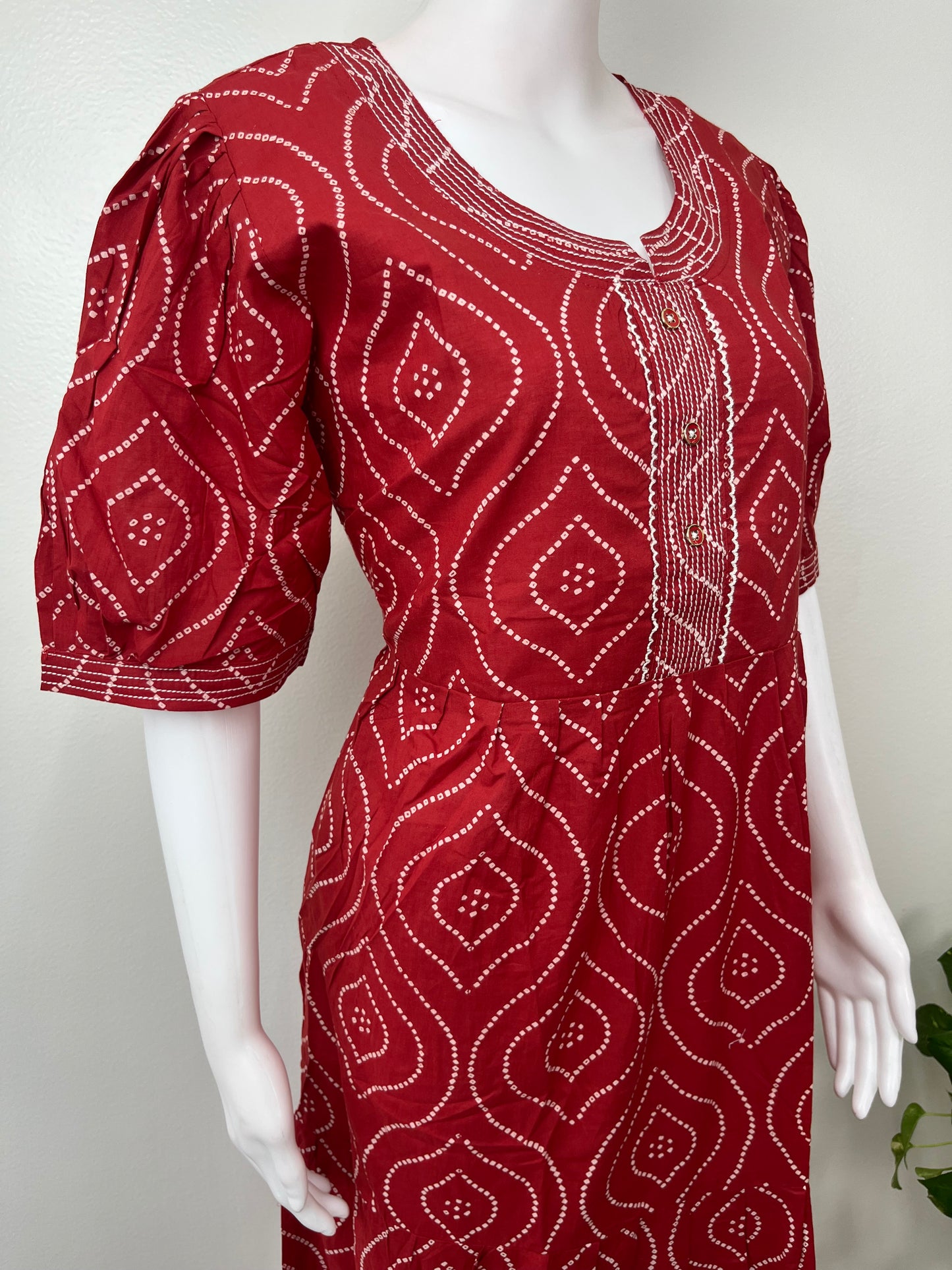 Red Cambric Cotton Bandhani Nightgown for Women