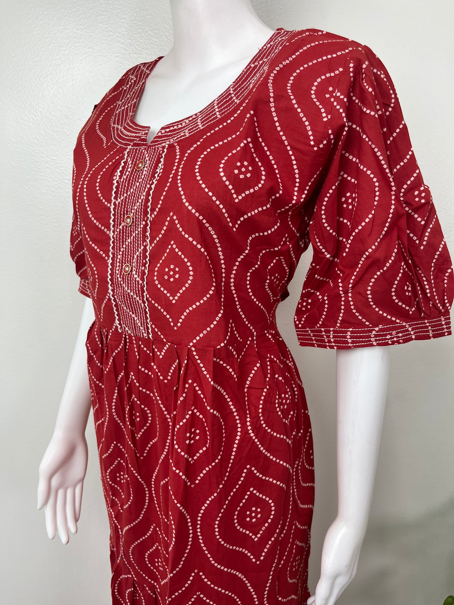 Red Cambric Cotton Bandhani Nightgown for Women