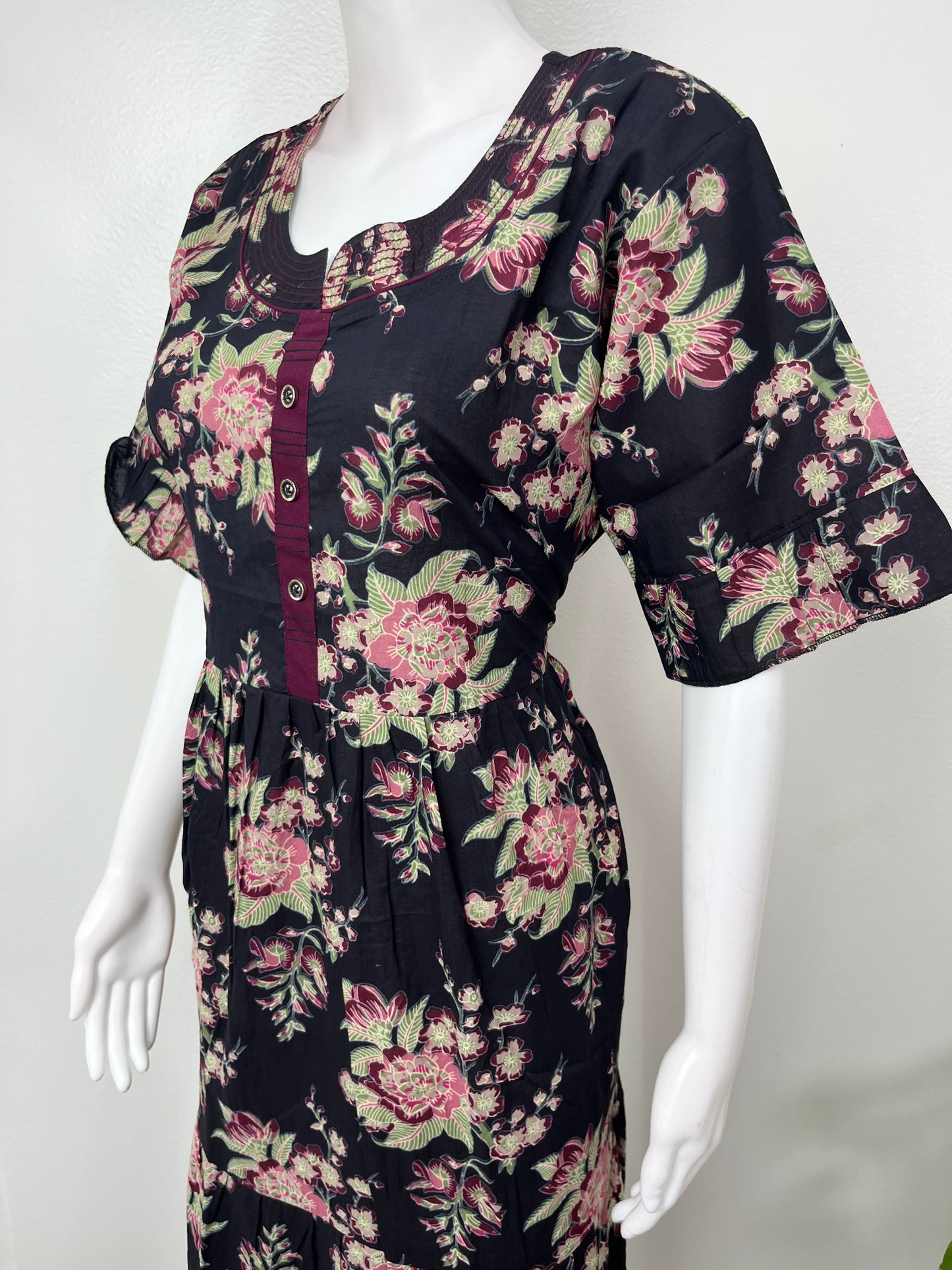 Black Floral Umbrella Style Cambric Cotton Nightgown