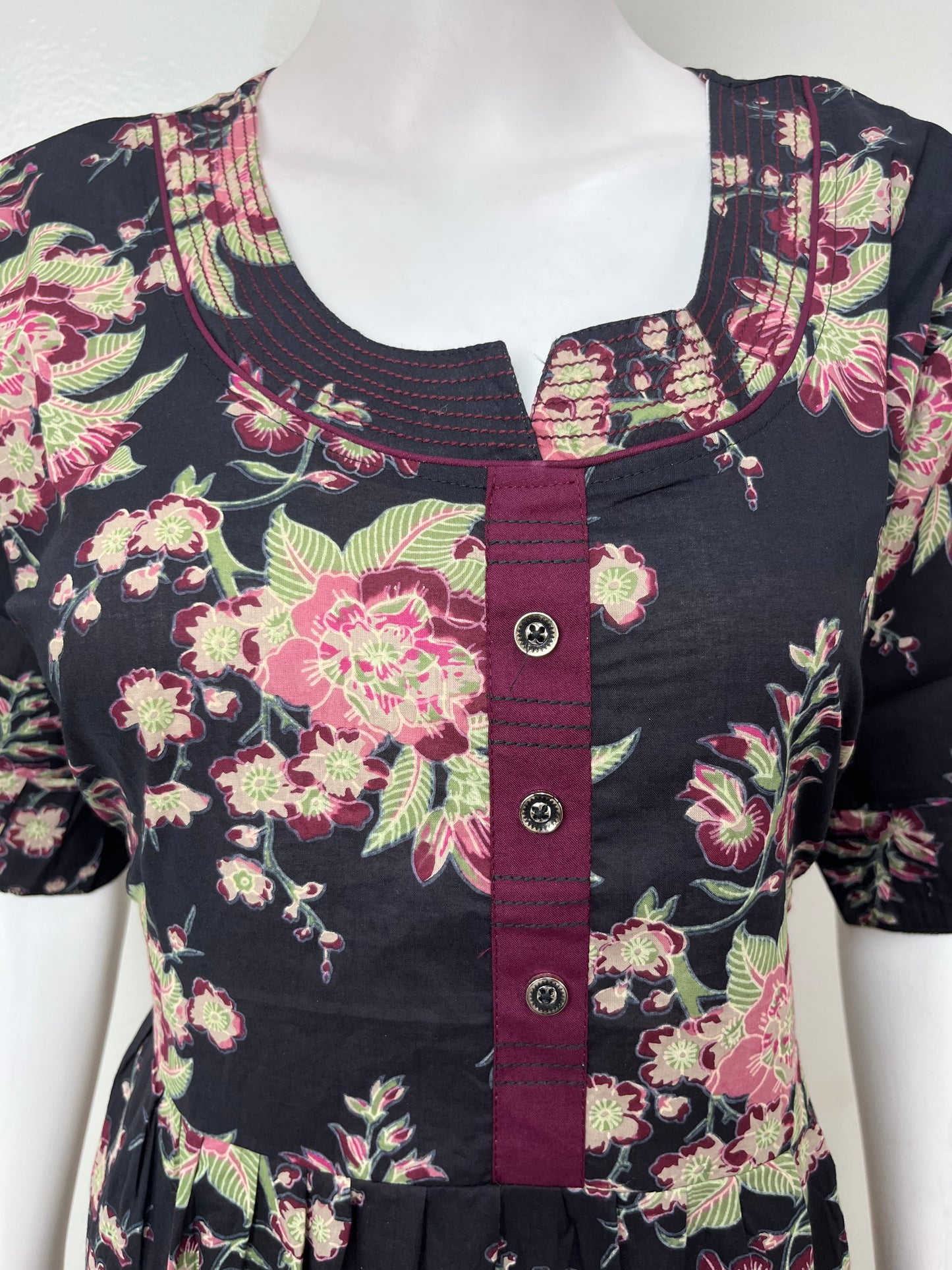 Black Floral Umbrella Style Cambric Cotton Nightgown