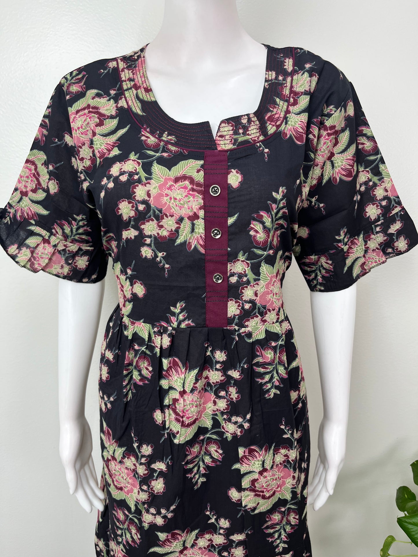 Black Floral Umbrella Style Cambric Cotton Nightgown